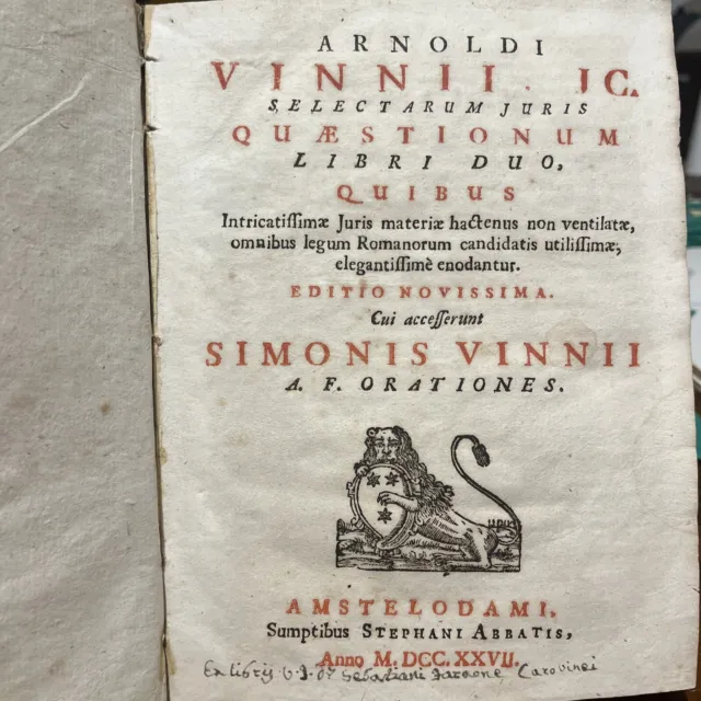 (1e) Diritto - Arnoldo Vinni - Quaestionum libri duo - 1727