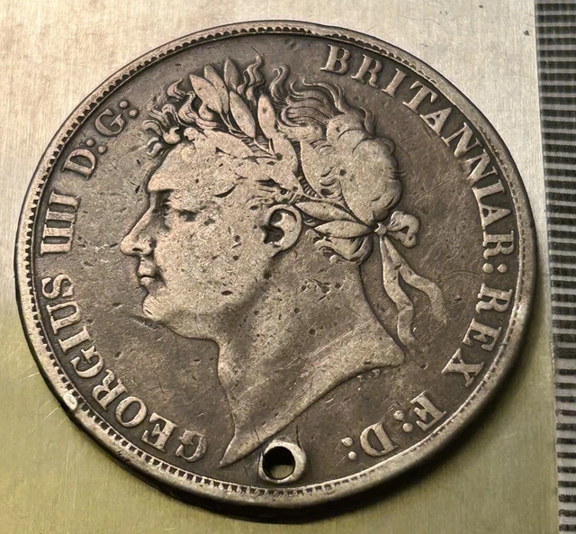 1822 British Crown Silver Coin, VF - King George III, Holed, Scarce, No Reserve!