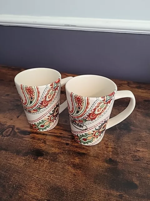 Tabletops Gallery Set of 2 Hand Painted Multi Paisley 16 oz. Coffee Cups New