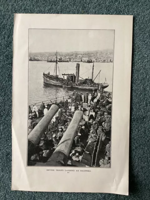 British  Troops Landing at Salonika,  WW1, antique print