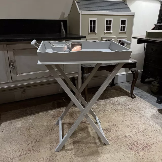 Sweet Grey Hand Painted Distressed Country Chic Style Folding Side Tray Table