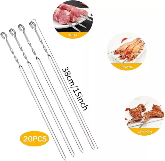 20 Set 38cm BBQ Barbecue Steel Grilling Turkish Kebab Flat Skewers Needle 3