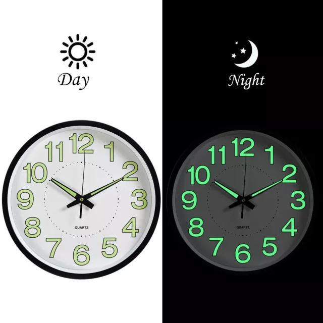 12'' Luminous Wall Clock Silent Quartz Indoor / Outdoor Home Glow In The Dark UK