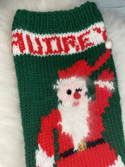 Hand Knitted Christmas Stocking Personalized Dancing Santa Audrey Green Knit 3
