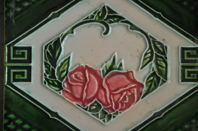2 Pc Vintage F.M Fish Mark Rose Flower Embossed Ceramic Tiles,Japan 4