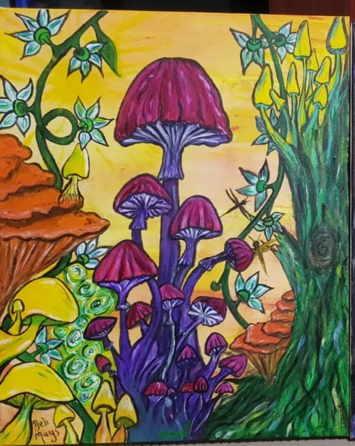 Hand painted canvas Acrylic Art Painting Mushrooms 50cm x 40cm