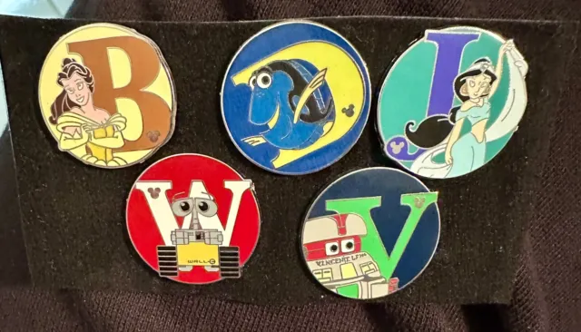WDW Hidden Mickey Series III Alphabet Belle Dory, Jasmine, W & V 5 Pins