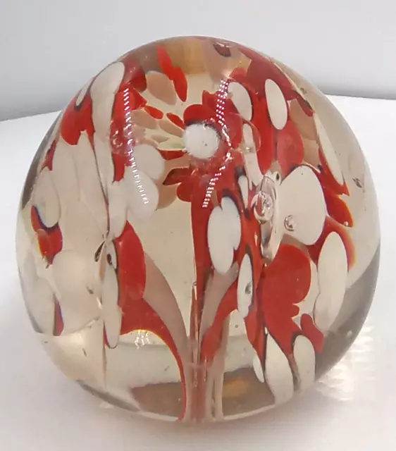 Murano Style Glass Paperweight Clear Floral Egg Shape Art Glass White Red Vtg