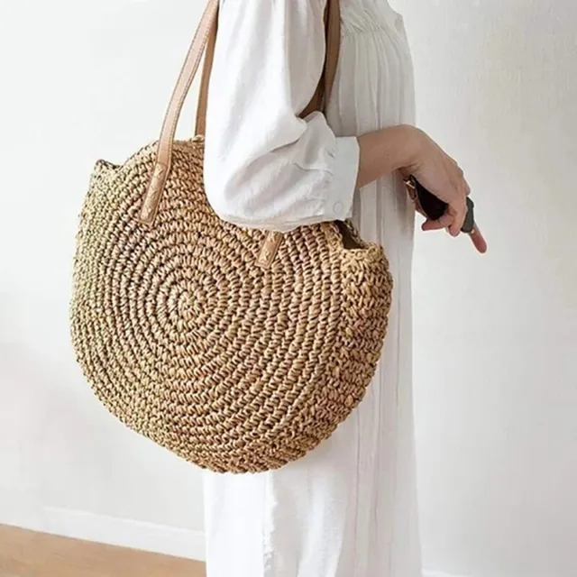 Women Boho Woven Handbag Summer Beach Tote Straw Bag Round Rattan Shoulder YE