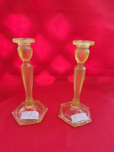Fenton Vintage Vaseline Uranium Glass Yellow Opalescent ( Pair )