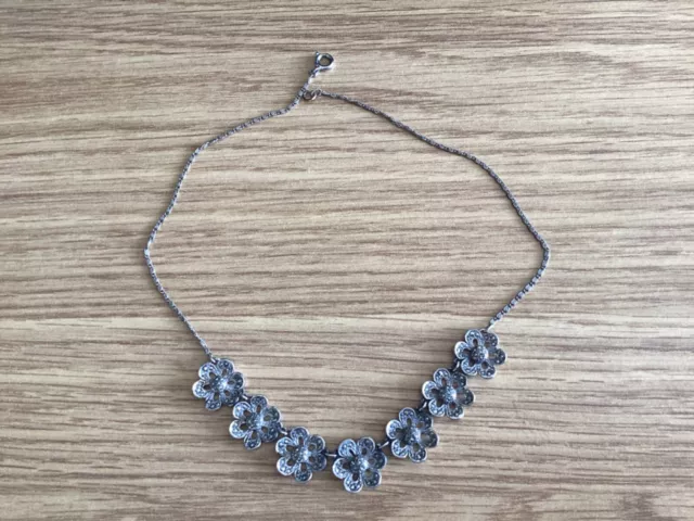 Vintage Silver Coloured Necklace with Marcasite Flowers, approx 16” gd con