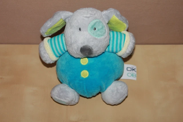 Doudou Obaibi Okaidi Chien Bleu Gris Vert Boule  Neuf Avec Etiquette