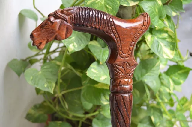 Tête de cheval sculptée en bois, canne de marche, canne faite à la main,...