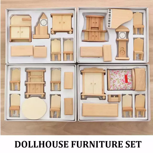 Wooden DollHouse Furniture Set Bedroom Kitchen Living Room Dining Room