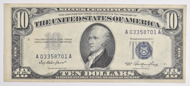 1953 Silver Certificate $10 Blue Seal Avg Circ