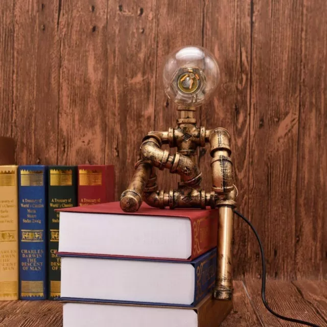 Robot Table Lamp Steampunk Retro Industrial Iron Water Pipe Study Desk Lighters