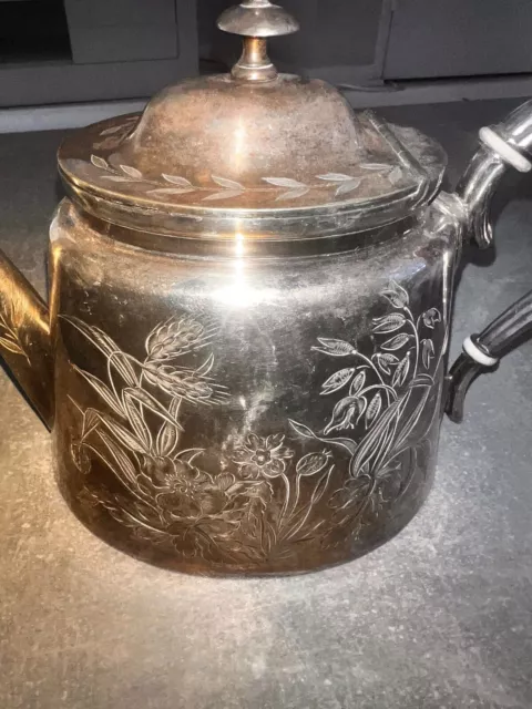 Antique VICTORIAN Etched Silver Plated TEAPOT Birds and Flowers EPBM 3