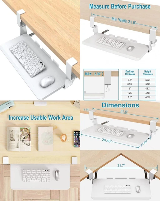 WOKA Keyboard Tray Under Desk, 26.5 x 11.7" Holder, Pull Out White