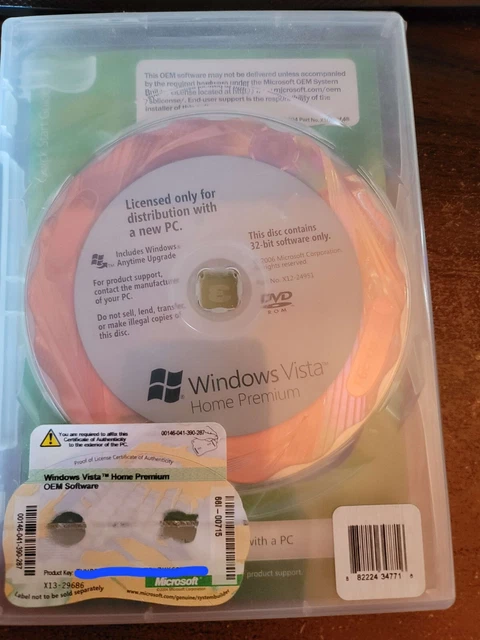Microsoft Windows Vista Home Premium Full MS WIN 32 Bit DVD ROM w/ Product Key