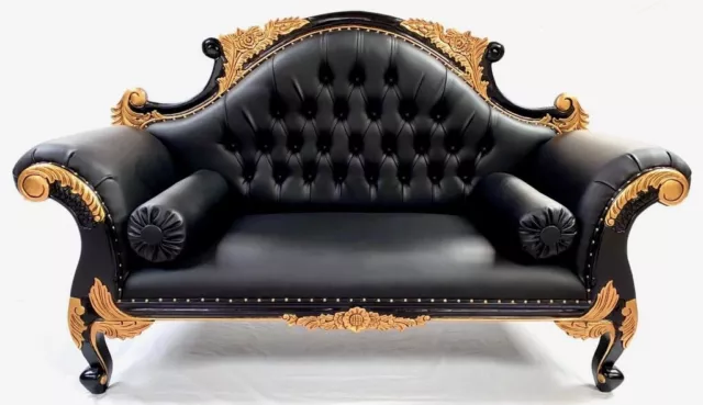 Charles Ornate French Black & Gold Louis Cuddler Faux Leather Double Chaise Sofa
