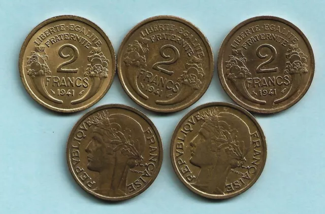 ** FRANCE - 2 Francs MORLON Bronze-Aluminium 1941  : Lot de 5 pièces **
