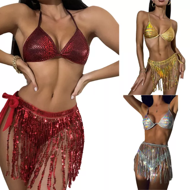 Womens 3-Piece Beach Bikini Rave Swimwear Set Nightclub Metallic Swimsuit Wrap