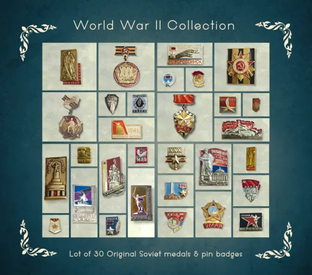 Lot von 30 sowjetischen (UdSSR) Medaillen & Anstecknadeln 'WW2 Great...
