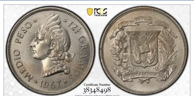 Dominican Republic 1967 Silver 1/2 Peso PCGS MS64