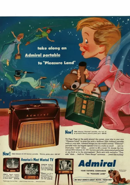 1953 ADMIRAL PORTABLE Radio Walt Disney Peter Pan Wendy Michael Vintage ...