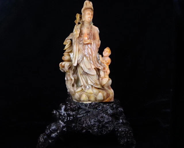 Chinese Exquisite Handmade Guanyin and Children Carving Shoushan Stone Statue