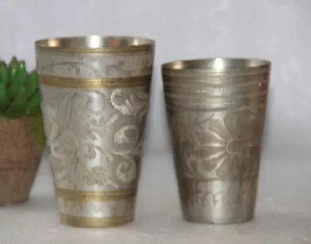 1930'S  Brass Hand carved Floral Engraved Milk Lassi Brass Drinking Glass 2PC