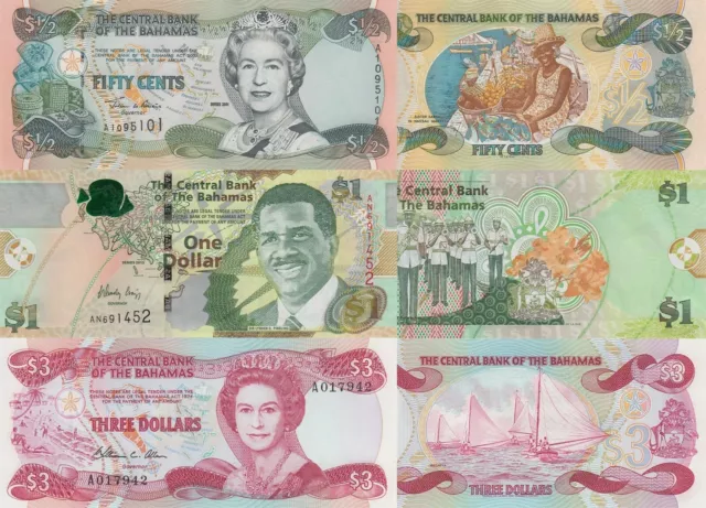 Bahamas 3 PCS Set: Half, 1 & 3 Dollars (Various Dates) - p68, p71A & p44b UNC