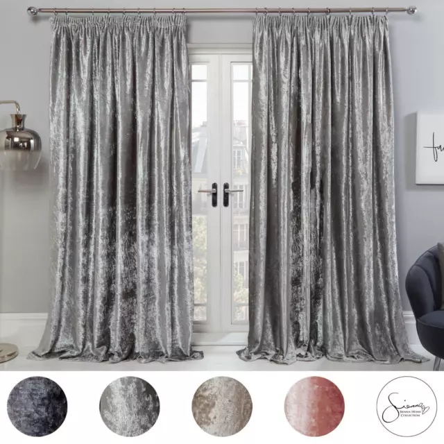 Sienna Crushed Velvet Pencil Pleat Curtains Ready Made Pair Fully Lined Tape Top