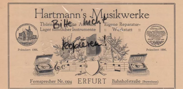 ERFURT, Werbung 1920, Hartmann's Musikwerke Reparatur Werkstatt Musikinstrumente