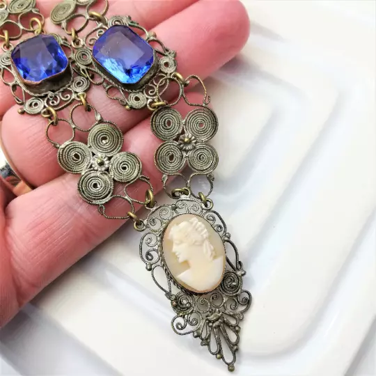 Vintage Italian Filigree Cameo Necklace Blue Stone Victorian Style Jewellery Mum 3