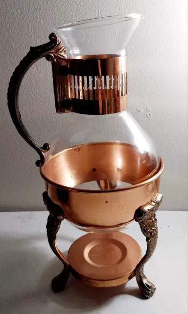 Vintage Copper Brass Coffee Carafe Glass Pot with Warmer Stand