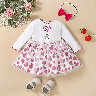 Toddler Baby Girls Valentine Outfits Abito principessa in tulle stampato a cuore + fascia