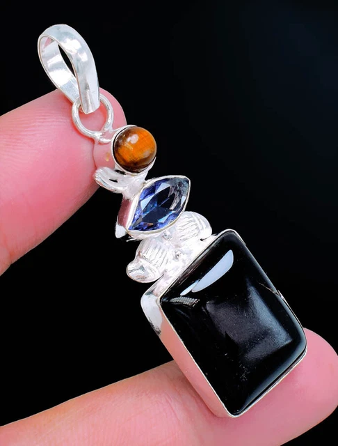 925 Sterling Silver Onyx,Tiger'S Eye Gemstone Jewelry Pendant Sz-2.20"