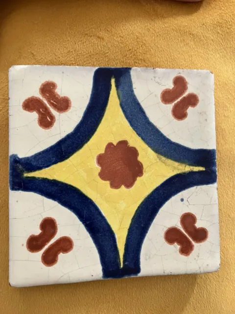 Terracotta 4 inch square Blue Gold Vintage Handpainted Mexico