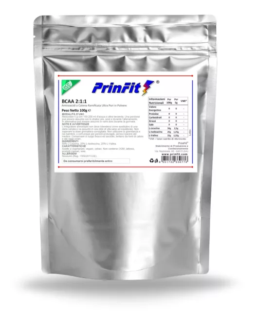 100 g - BCAA 2:1:1 - Aminoacidi Ramificati Polvere Powder Ultra Pura - PrinFit