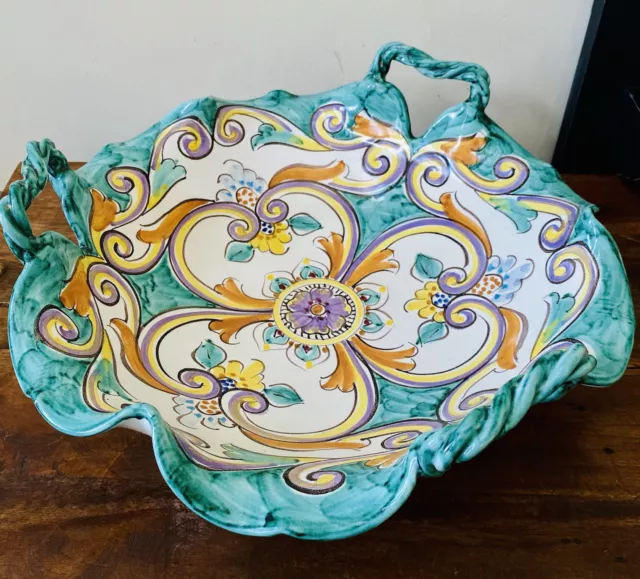 Vintage Italian Ravello Majolica Art Pottery 3-Handled Serving Bowl 14.5”W
