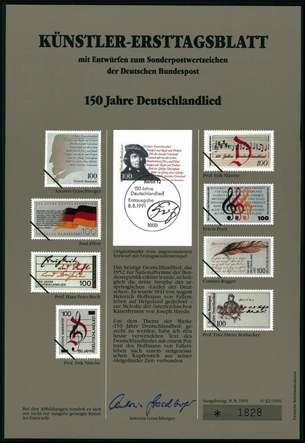Brd Künstler-Etb 1991/32 Musik Deutschlandlied Nationalhymne Entwürfe