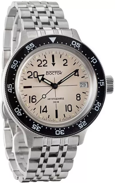 NUOVO Vostok Amphibia 720074 Orologio Militare Russo Quadrante Bianco Automatico 24 Ore 2