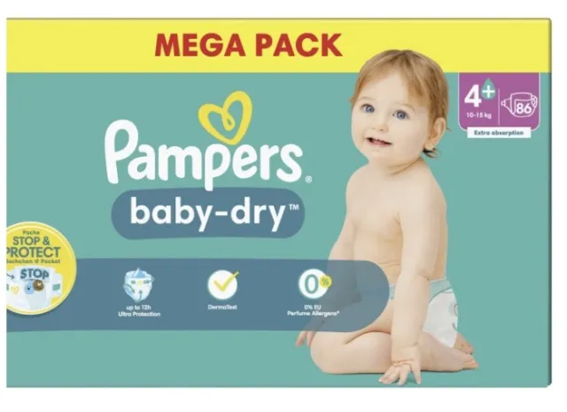 Mega Pack 86 Couches PAMPERS Baby-Dry Taille 4+ Super 10 à 15 KG Lot Change Bébé