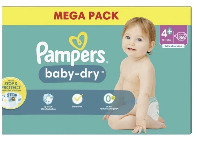 Mega Pack 86 Couches PAMPERS Baby-Dry Taille 4+ Super 10 à 15 KG Lot Change Bébé