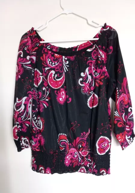 INC International Concepts Black Floral Boho Peasant Blouse  Women's Large