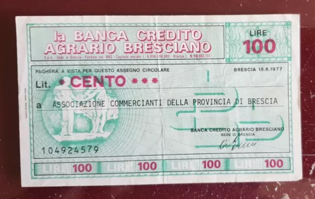 banca credito agrario bresciano ass.commercianti brescia miniassegno 1977