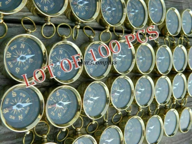 Lot Of 100 Pcs Brass Polish Finish Nautical Marine Compass Key Chain Ring Gift