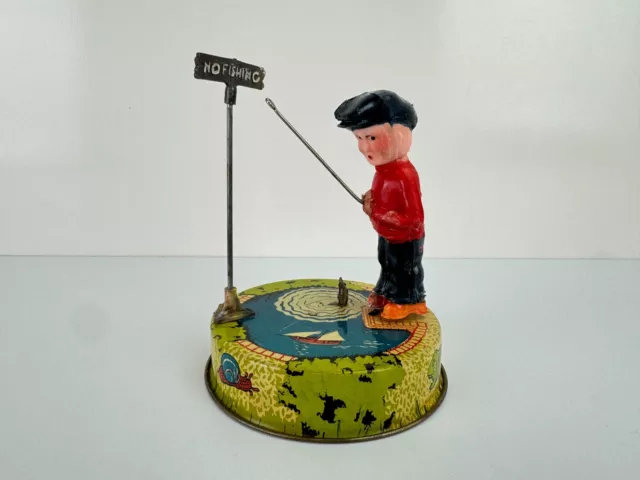 Vintage Mettoy Billy The Fisherman Clockwork Tin Toy Made in England