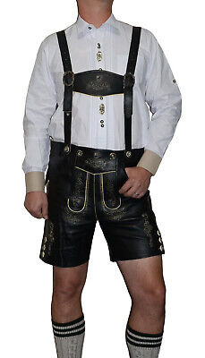Black German Men LEATHER LEDERHOSEN Oktoberfest Shorts Pants Bavarian / 2 Pc SET